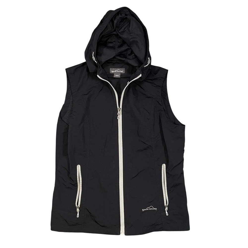 Eddie Bauer Black Hooded Full Zip Mesh Lined Vest Large Outdoor Hiking Camping